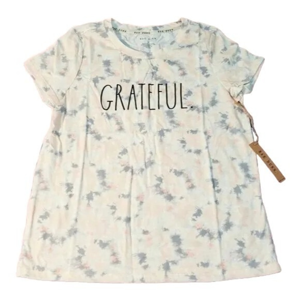 Rae Dunn Tie-dye T-Shirt GRATEFUL Sz Medium Short Sleeve Peach Gray Graphic